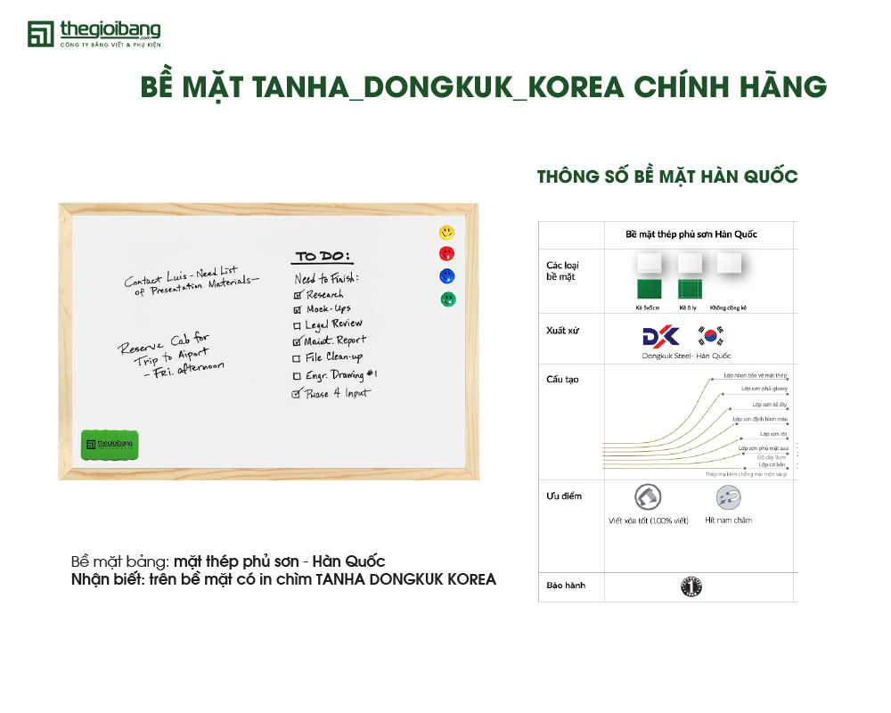 Bảng từ trắng khung gỗ- Bề mặt Hàn Quốc